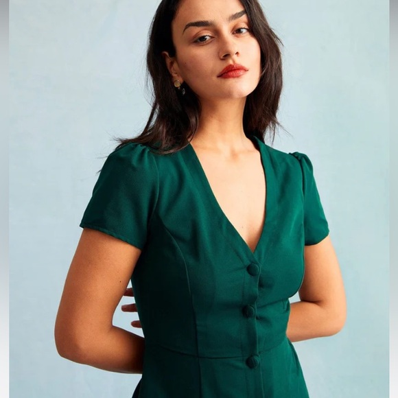 NWT Dark Green V Neck Button-up Shirt Mini Dress - Picture 3 of 4